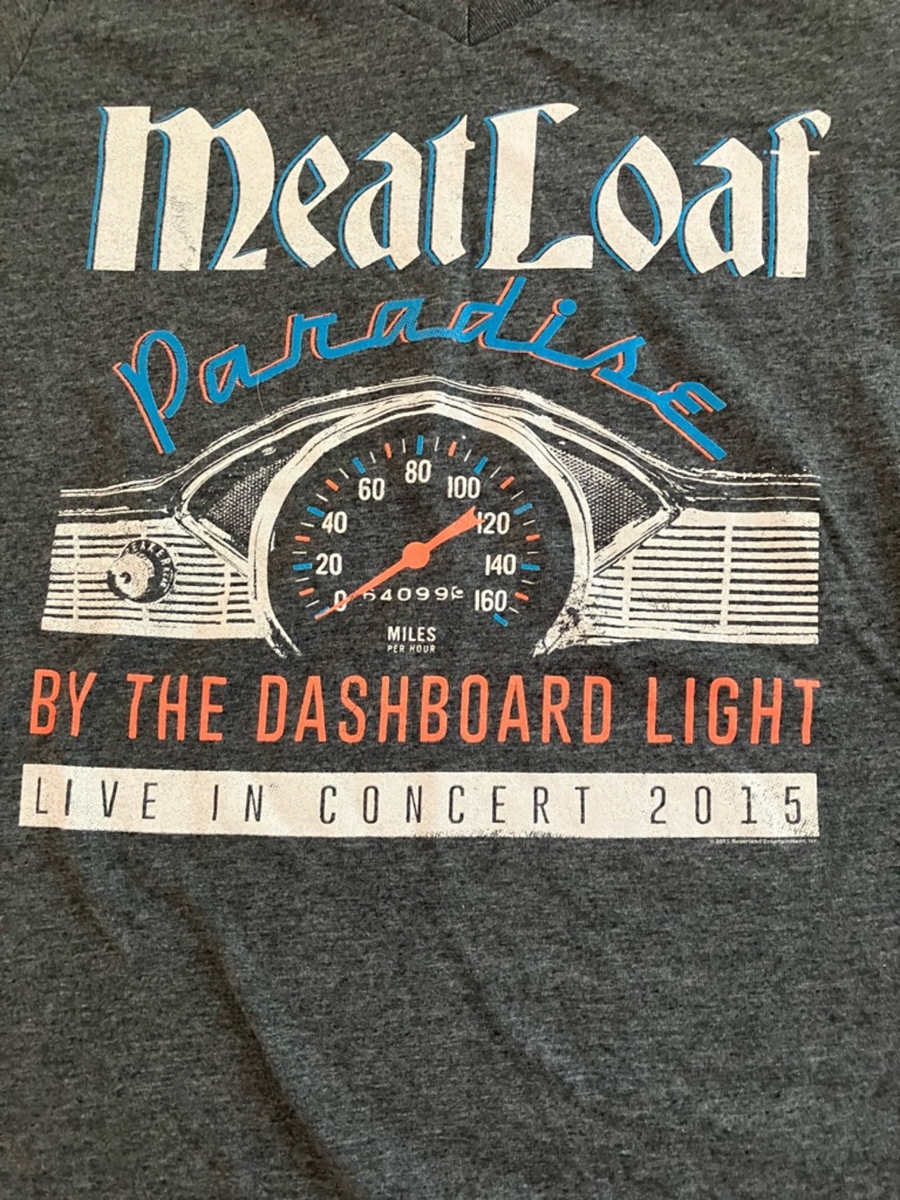Gildan Charcoal Tee with Blue & Orange Vintage Dashboard Graphic Concert Merch